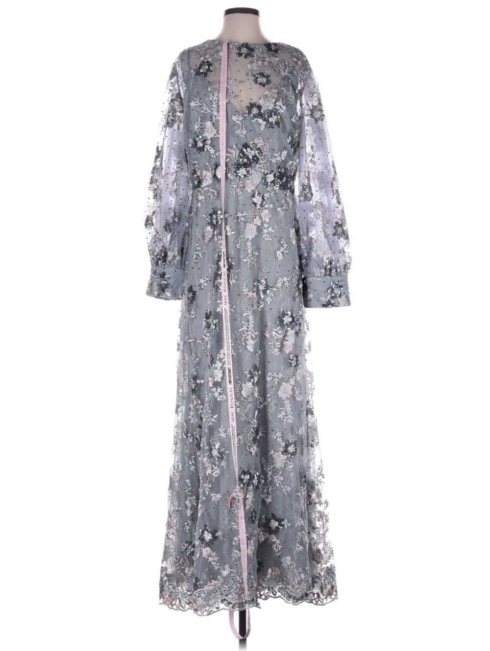 NWT Mac Duggal Gray/Blue Floral Appliqué Long Sleeve Maxi Gown Plus Size 20
